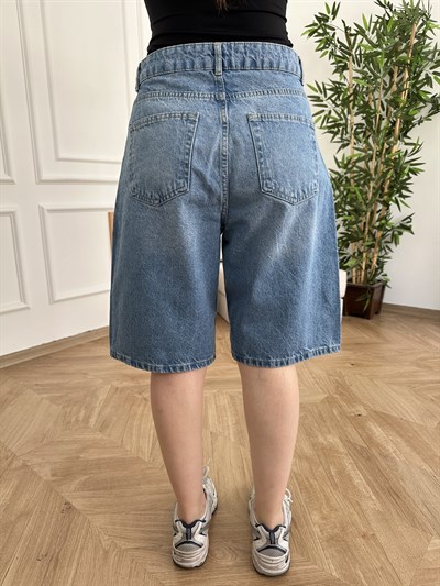 Boy Friend Fit Kot Şort Mavi