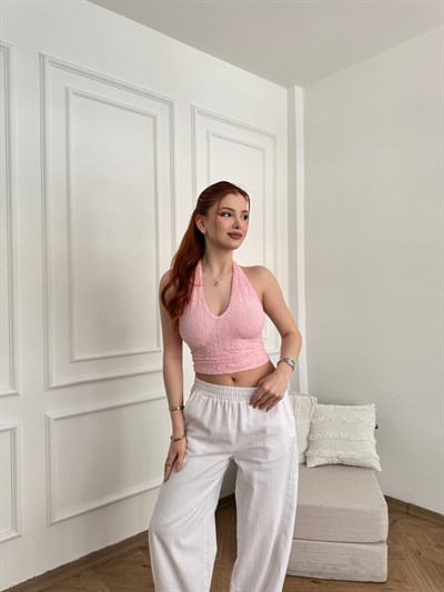 Boyundan Bağlamalı Dantel Top Açık pembe