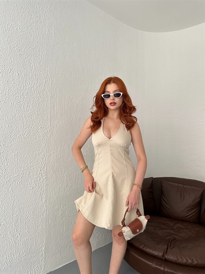 Boyundan Bağlamalı Kısa Elbise Taş