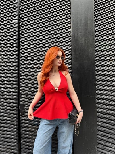 Boyundan Geçmeli Aksesuar Detay Bluz Açık kırmızı