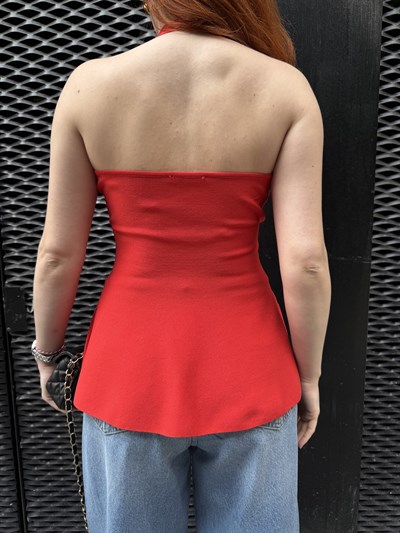 Boyundan Geçmeli Aksesuar Detay Bluz Açık kırmızı