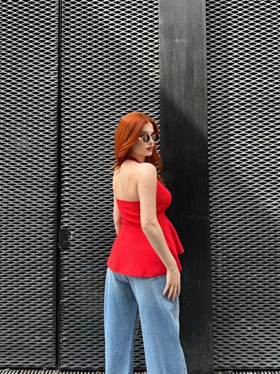 Boyundan Geçmeli Aksesuar Detay Bluz Açık kırmızı