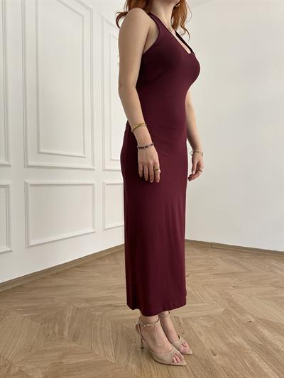 Boyundan Geçmeli Uzun Elbise Bordo