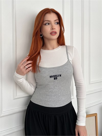 Brooklyn 83 Baskılı Atlet Detaylı Bluz Ekru