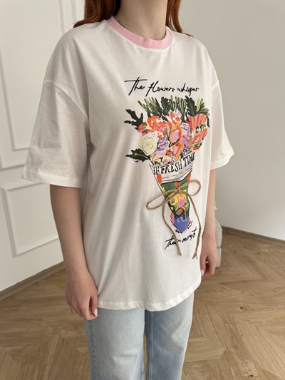 Buket Baskılı Nakışlı T-shirt Ekru