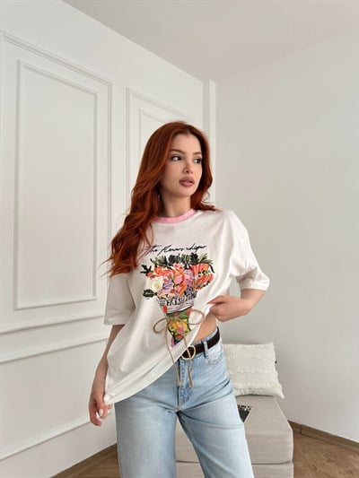 Buket Baskılı Nakışlı T-shirt Ekru