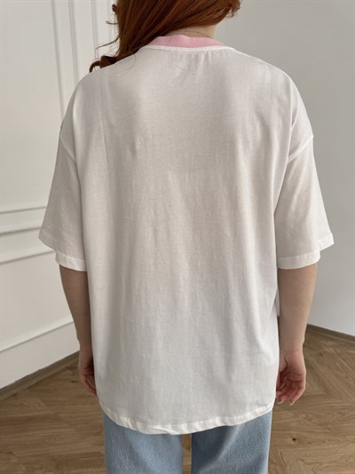 Buket Baskılı Nakışlı T-shirt Ekru