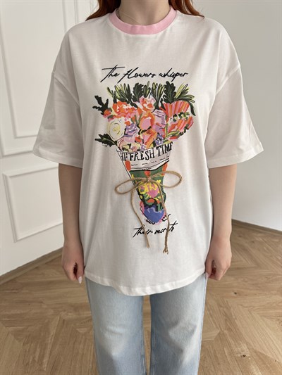 Buket Baskılı Nakışlı T-shirt Ekru
