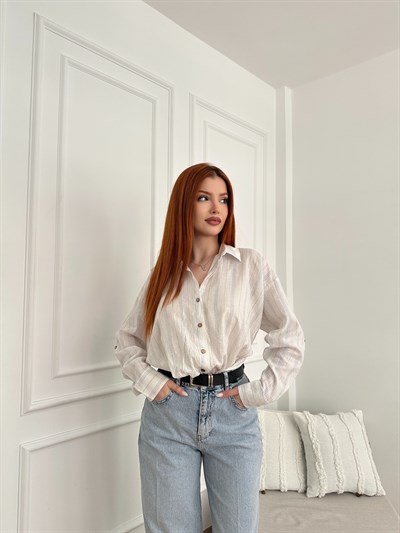 Burgulu Oversize Crop Gömlek Mavi çizgili