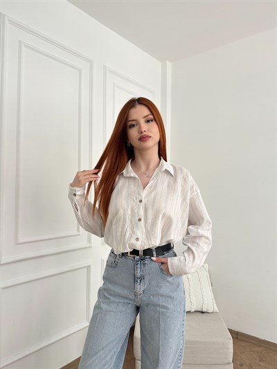 Burgulu Oversize Crop Gömlek Mavi çizgili