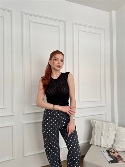 Büzgülü Dantel Top Siyah