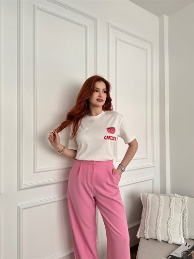 Cafecito Sırt Göğüs Baskılı Tişört Ekru