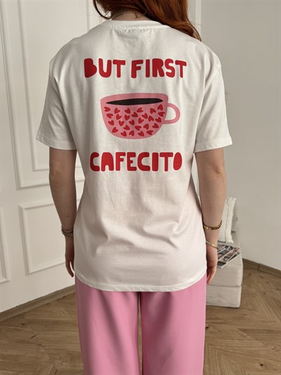 Cafecito Sırt Göğüs Baskılı Tişört Ekru