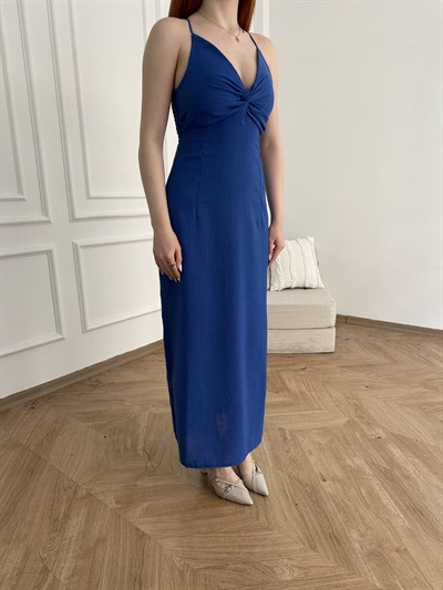Çapraz Askılı Midi Boy Elbise Saks