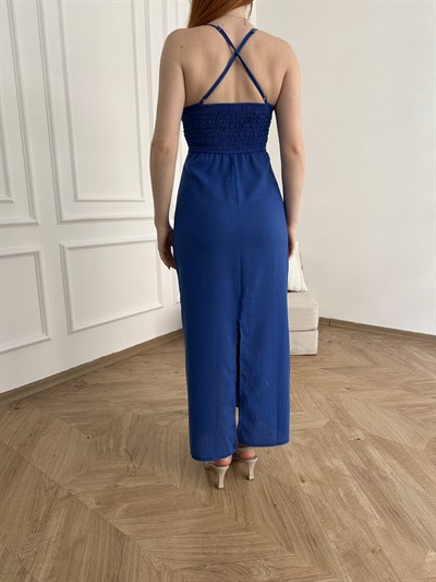 Çapraz Askılı Midi Boy Elbise Saks
