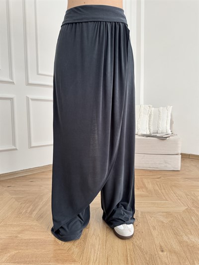 Çapraz Kapaklı Bol Paça Rahat Pantolon Antrasit