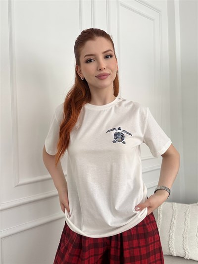 Caretta Göğüs ve Sırt Baskılı T-shirt Ekru