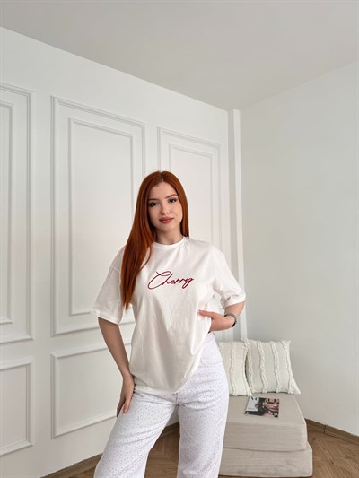 Cherry Nakışlı T-shirt Ekru