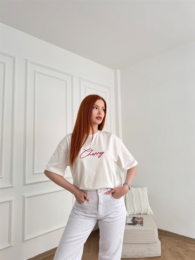 Cherry Nakışlı T-shirt Ekru