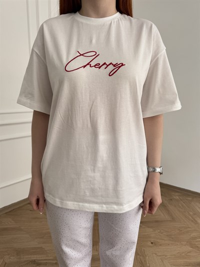 Cherry Nakışlı T-shirt Ekru