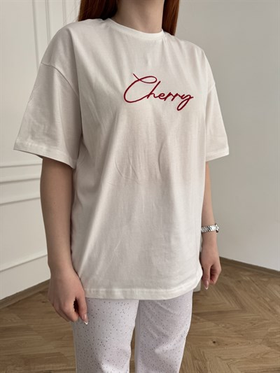 Cherry Nakışlı T-shirt Ekru