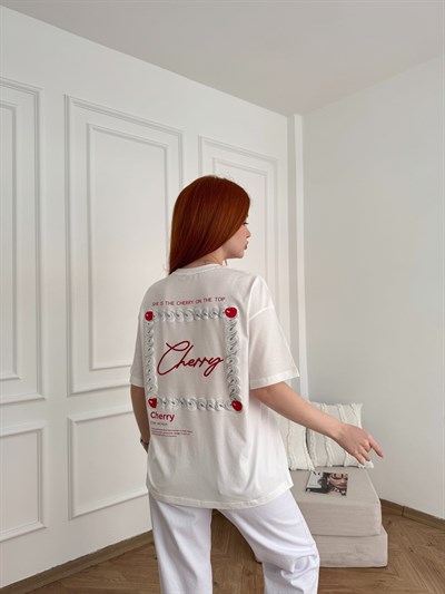 Cherry Nakışlı T-shirt Ekru