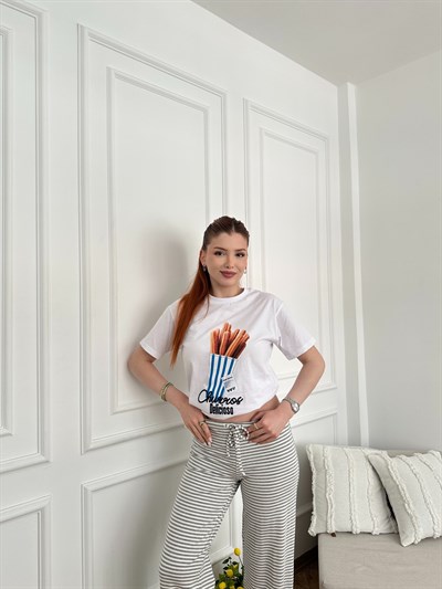 Churros Baskılı T-shirt Beyaz