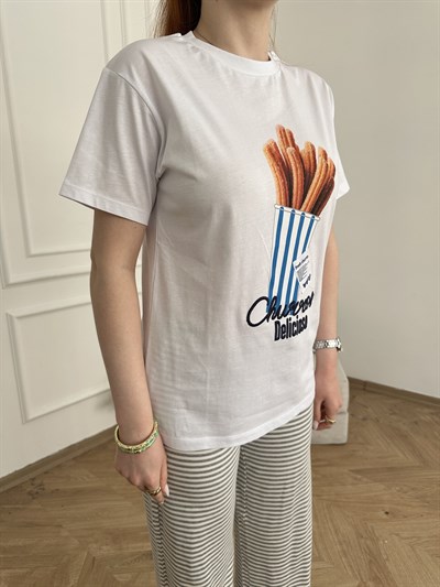 Churros Baskılı T-shirt Beyaz