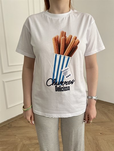 Churros Baskılı T-shirt Beyaz