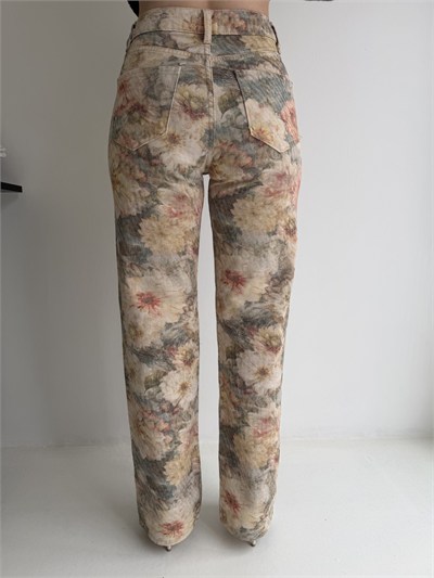 Çiçek Desen Gabardin Pantolon Yeşil