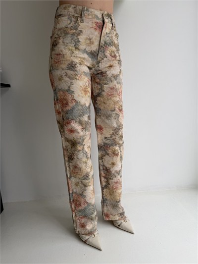 Çiçek Desen Gabardin Pantolon Yeşil