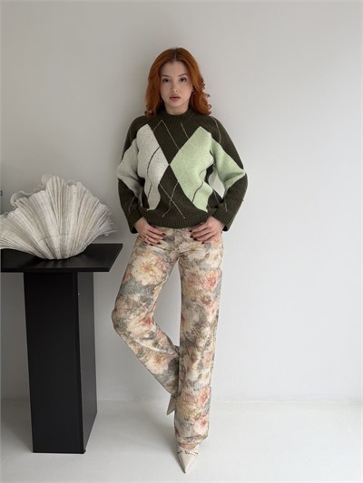 Çiçek Desen Gabardin Pantolon Yeşil