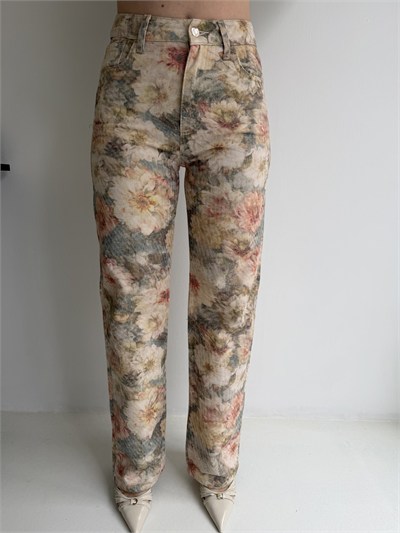 Çiçek Desen Gabardin Pantolon Yeşil