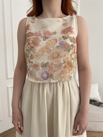 Çiçek Desen Kolsuz Crop Bluz Bej