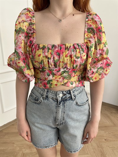 Çiçek Desen Sırt Bağlamalı Crop Bluz Sarı