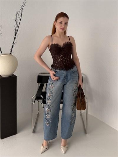 Çiçek Nakışlı Baggy Jean Pantolon Tint