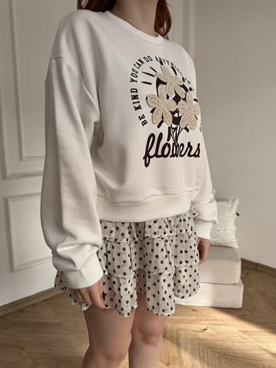 Çiçek Nakışlı Sweatshirt Ekru