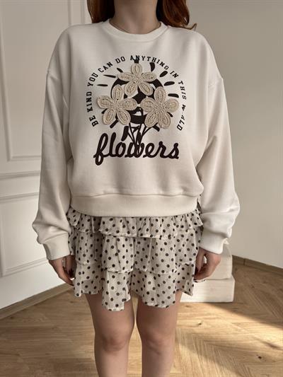Çiçek Nakışlı Sweatshirt Ekru