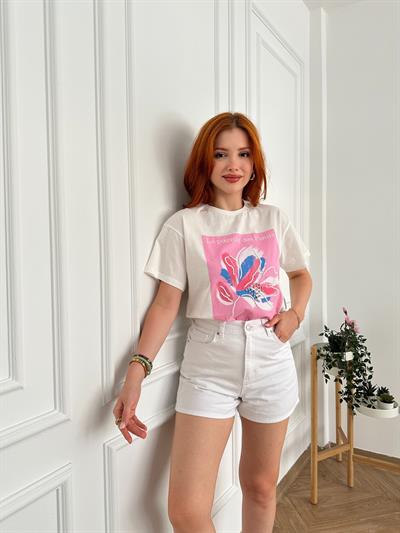 Çicek Nakışlı Tişört Ekru-pembe