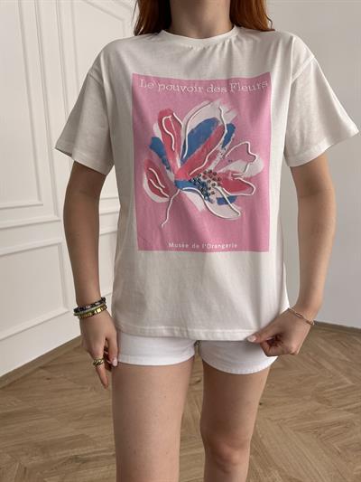Çicek Nakışlı Tişört Ekru-pembe