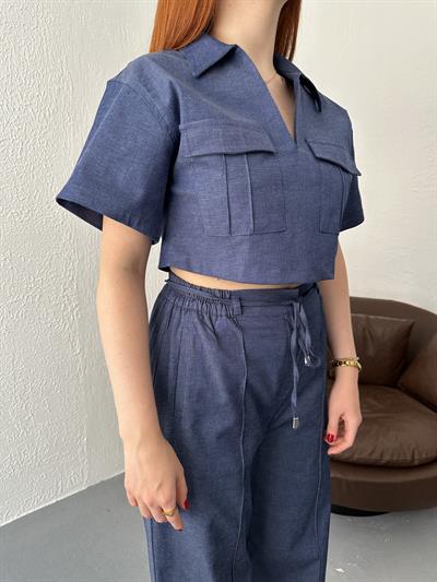 Çift Çepli Crop Bluz İndigo