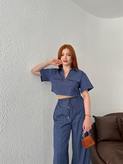 Çift Çepli Crop Bluz İndigo