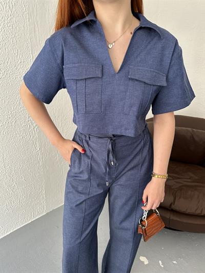 Çift Çepli Crop Bluz İndigo