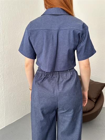 Çift Çepli Crop Bluz İndigo