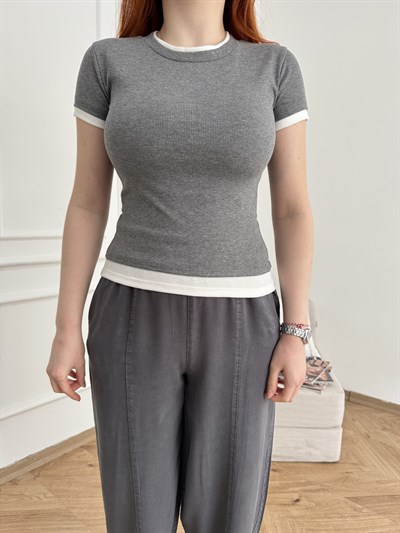 Çift Kat Kısa Kol Ribana Badi Antrasit melanj