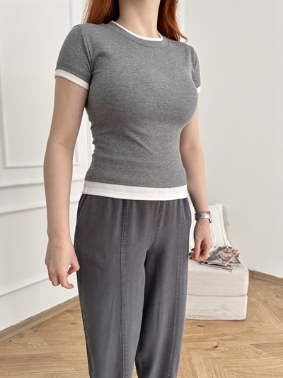 Çift Kat Kısa Kol Ribana Badi Antrasit melanj