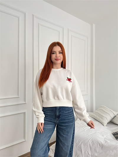Çilek Baskılı Crop Sweatshirt Ekru
