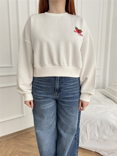 Çilek Baskılı Crop Sweatshirt Ekru