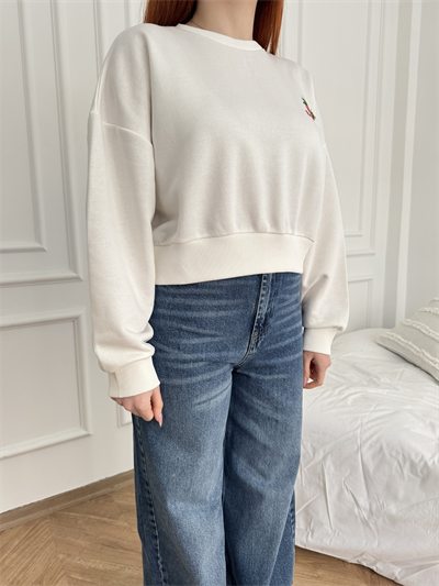Çilek Baskılı Crop Sweatshirt Ekru