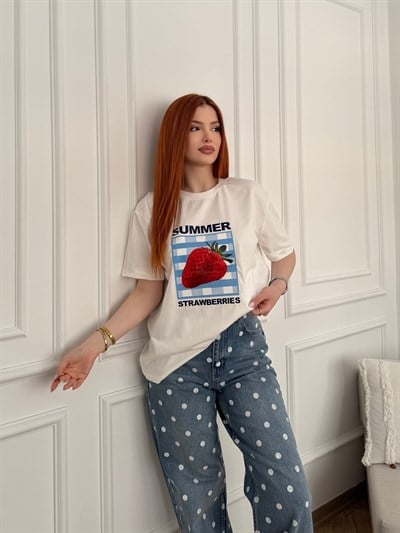 Çilek Baskılı T-shirt Ekru